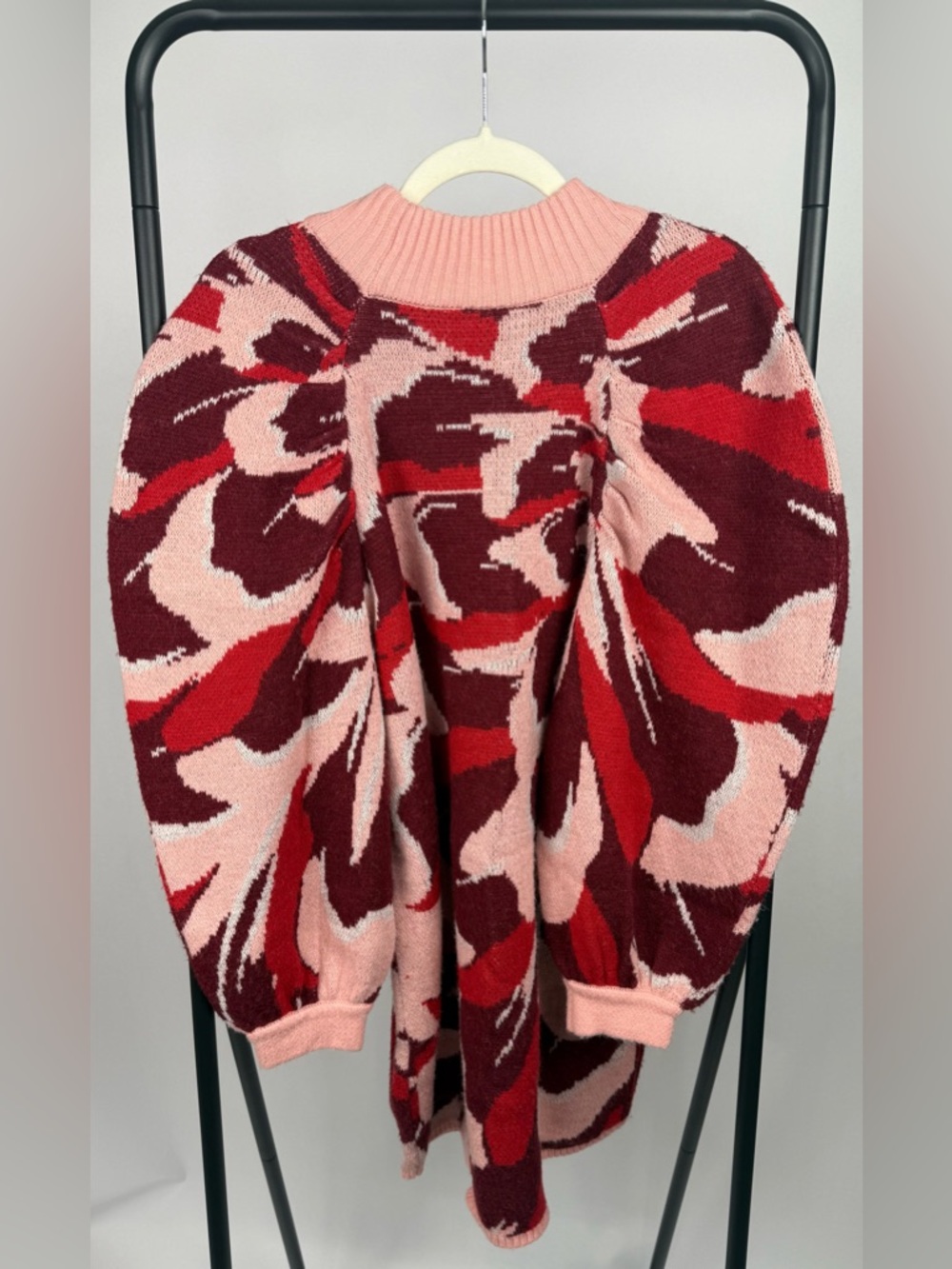 Farm Rio x Nuuly Flower Knit Mini Dress Red Pink Puff Sleeve L EUC $230 - Picture 6 of 8